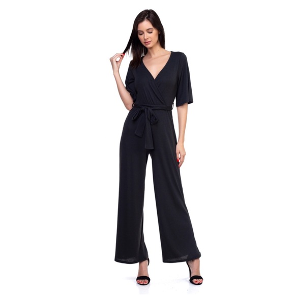 Black Surplice front wide leg jumpsuit - Picture 5 of 8